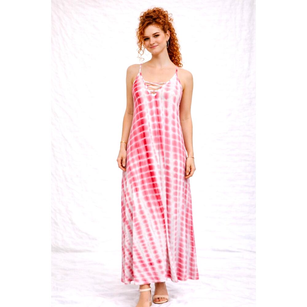 JayJay Loose Fitting Tie Dye Print Maxi Dress Pockets - M